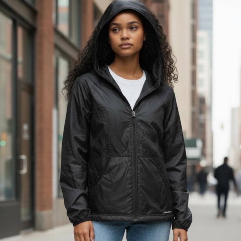 Eddie Bauer Womens Puffer Black Stadium Coat Hood Faux Fur Lined Jacket Zip Up-L